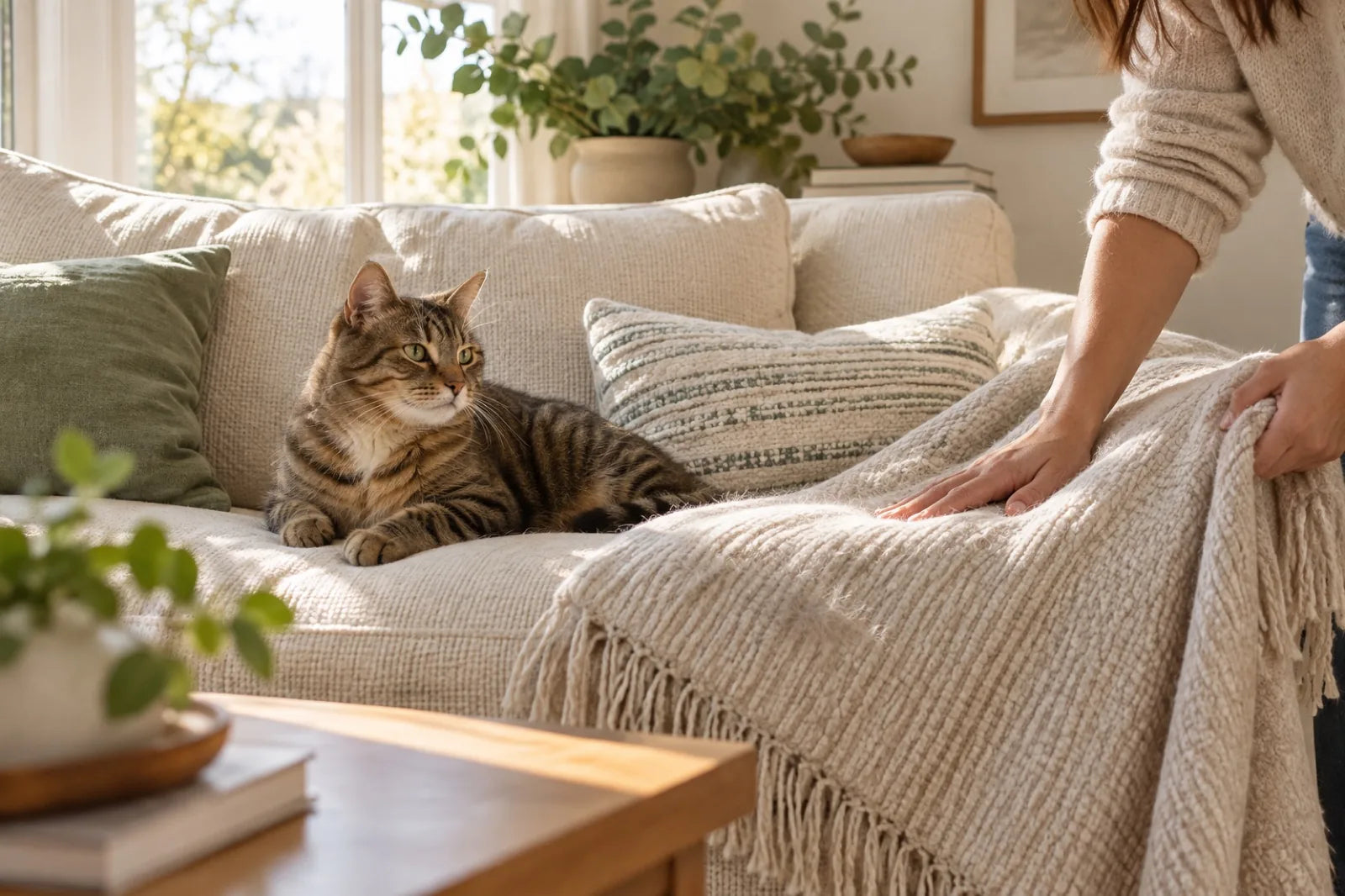 Tabby cat beside a cream sofa while a textured throw is reset