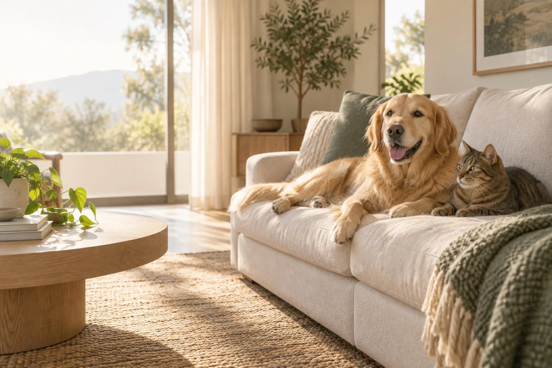 Golden retriever and tabby cat relaxing together on a sunlit cream sofa