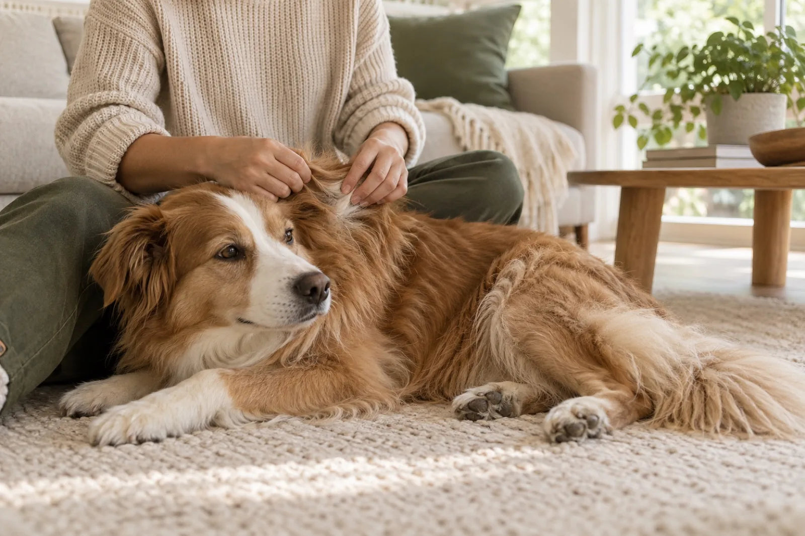 Relaxed long-haired dog during a gentle coat-care moment