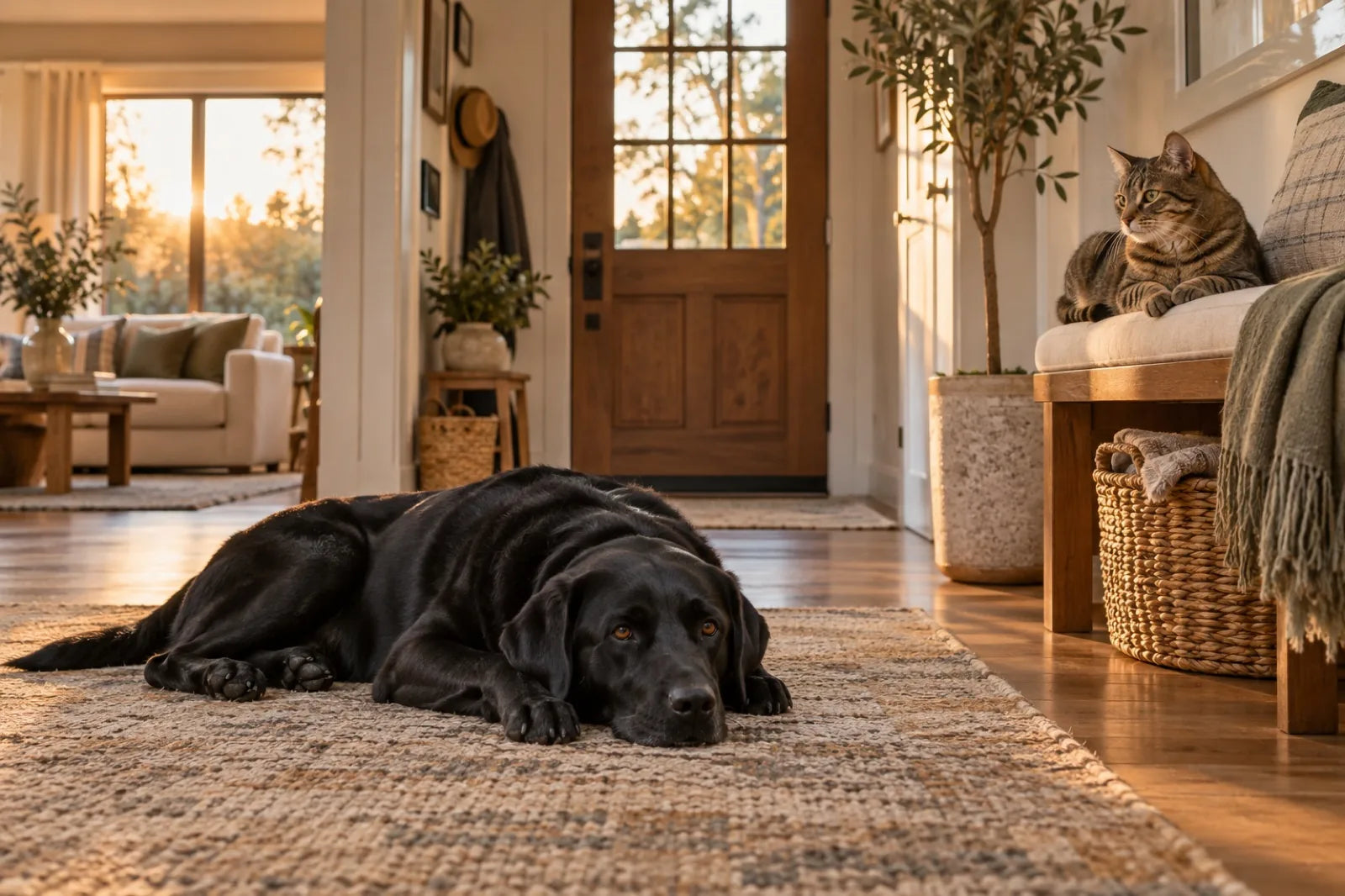 Black Labrador and tabby cat relaxing in a tidy home at golden hour